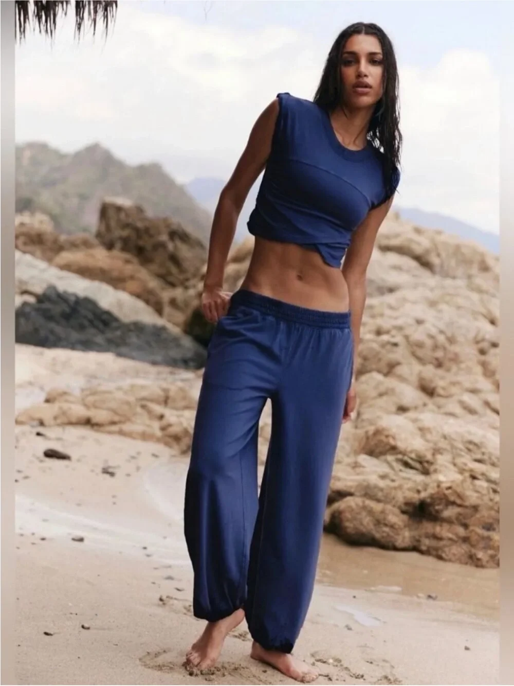 EUC Free People Hot Shot Crossover (distressed) Navy Blue Two-Piece Lounge Set - Picture 1 of 8
